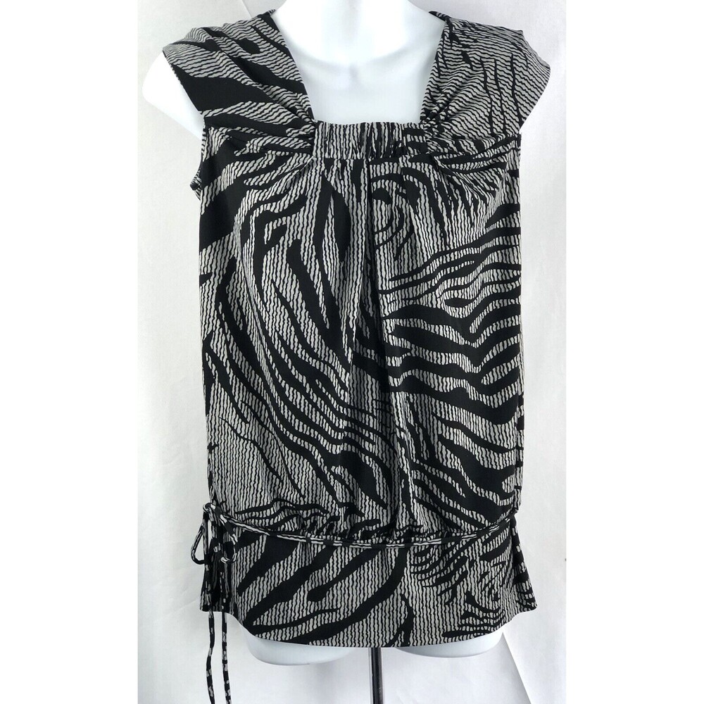 Worthington Sleeveless Peplum Top S Gray/Blk Animal Print Tie Waist Square Neck